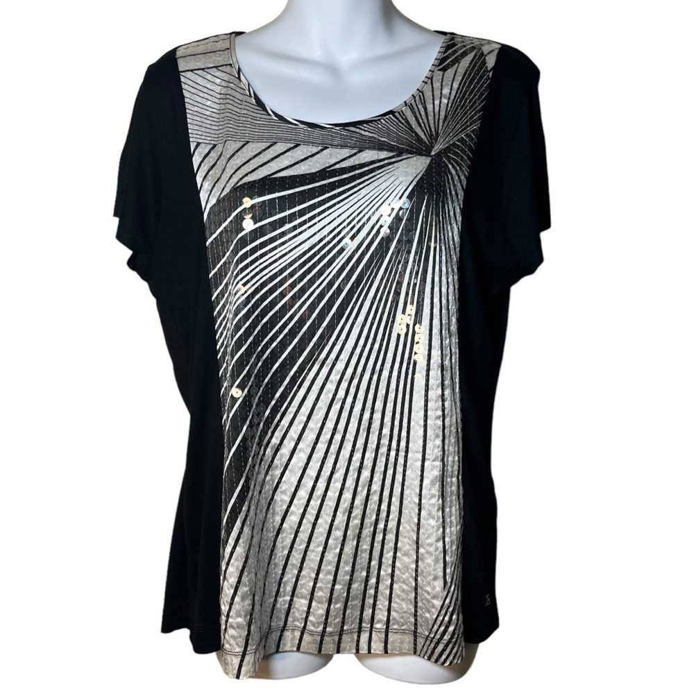 Escada Sequin Silk Graphic Top Black White Diagonal Stripe Size L